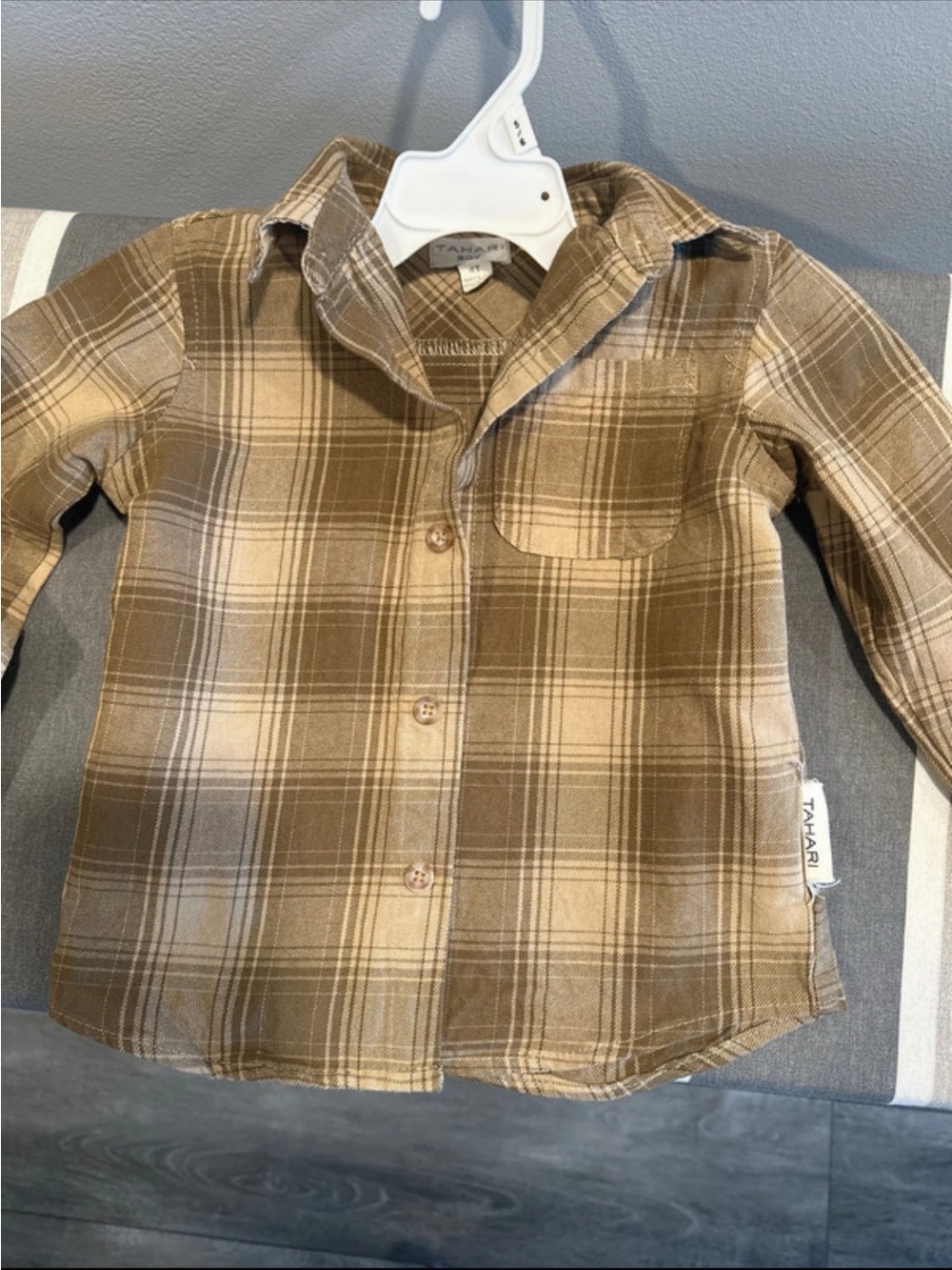 Tahari Boys' Tan and Brown Plaid Button-Down Shirt